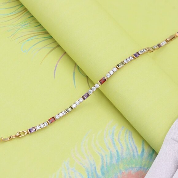 "Rainbow Princess Cut Stone Rose Gold Bracelet, XPBL0773 - Picture 1 of 12